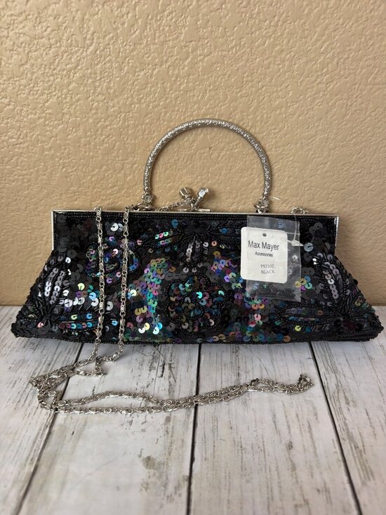 Max Mayer Handbags - Y2K Max Mayer Black Beaded Sequin Evening Bag Clutch Kiss Lock Chain Strap NEW